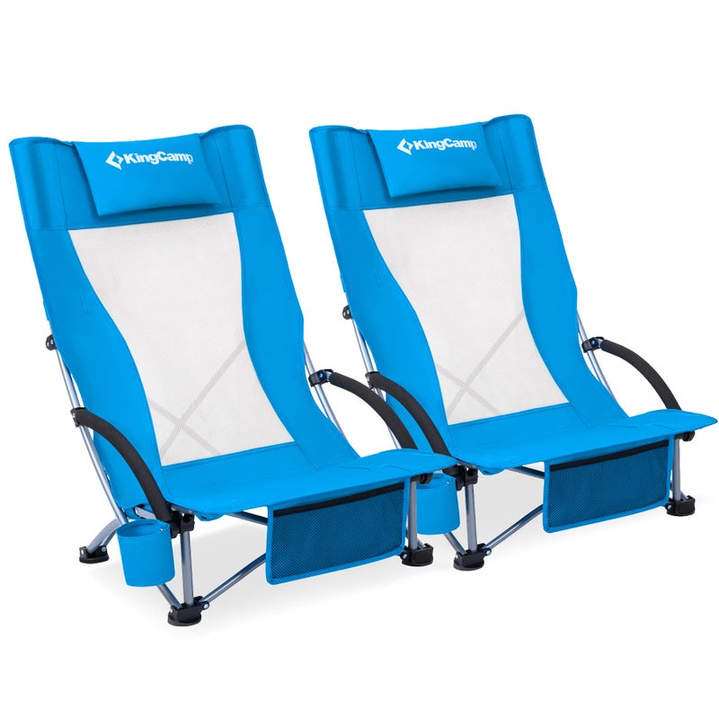 KingCamp Folding Beach Chair 2 Pack High Back Lightweight Portable Backpack Chair with Headrest Cup Holder for Camping Outdoor Sand Concert Lawn Festival Sports Blue