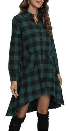 olrain Womens Plaids V Neck Long Sleeve Irregular Hem Casual Shirt Dress (Large, Green) - Image 4