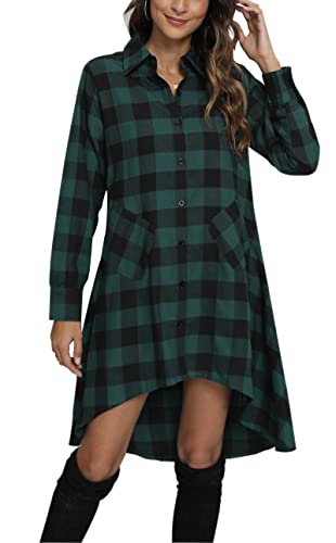 olrain Womens Plaids V Neck Long Sleeve Irregular Hem Casual Shirt Dress (Large, Green) - Image 2