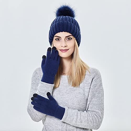 RR DESIGN Winter Warm Wool Pom Pom Hat Soft Thick Knit Acrylic Beanie Hat Caps-Winter Headgear for Girls and Women's (Navy Blue) - Image 2