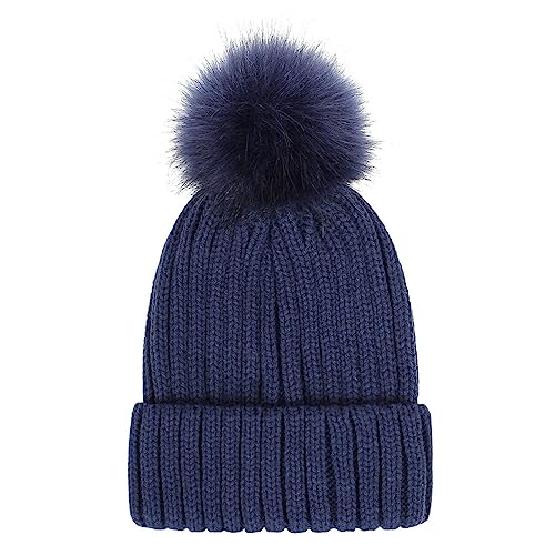 RR DESIGN Winter Warm Wool Pom Pom Hat Soft Thick Knit Acrylic Beanie Hat Caps-Winter Headgear for Girls and Women's (Navy Blue) - Image 1