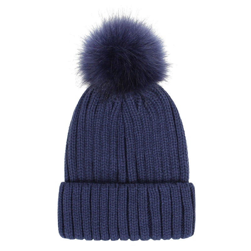 RR DESIGN Winter Warm Wool Pom Pom Hat Soft Thick Knit Acrylic Beanie Hat Caps-Winter Headgear for Girls and Women's (Navy Blue) - Image 4