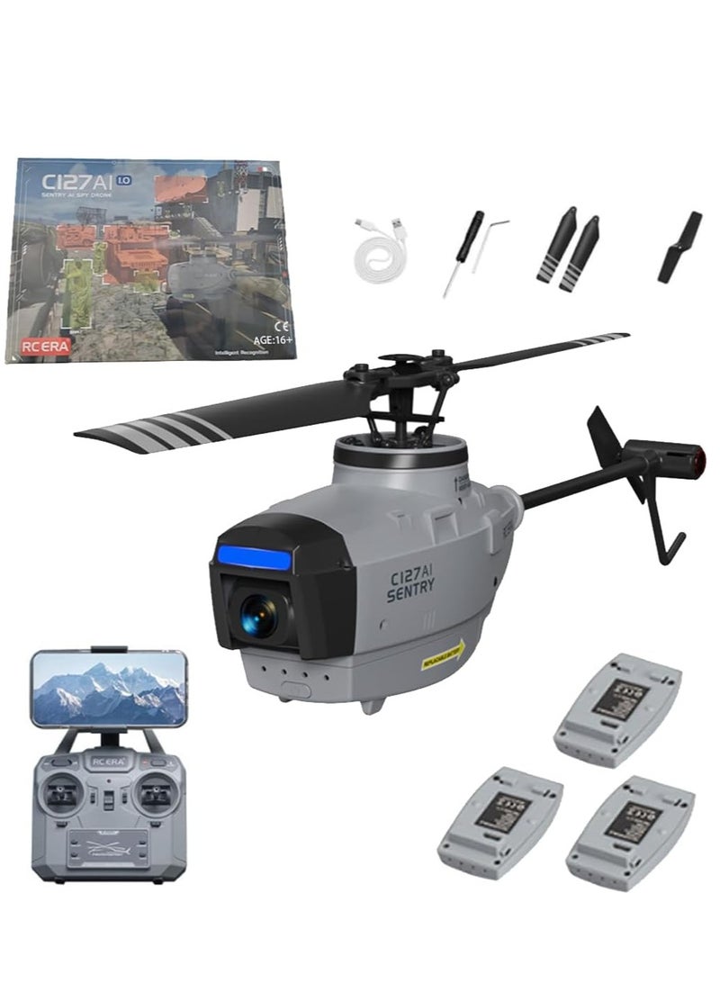 Generic C127AI RC Helicopter Model with Camera, 2.4G RC 4CH Remote Control Helicopter Toys Military Aircraft Scout Drone Single-Rotor Brushless Drone for Boys Adults Beginners - 3 Battery - Image 1