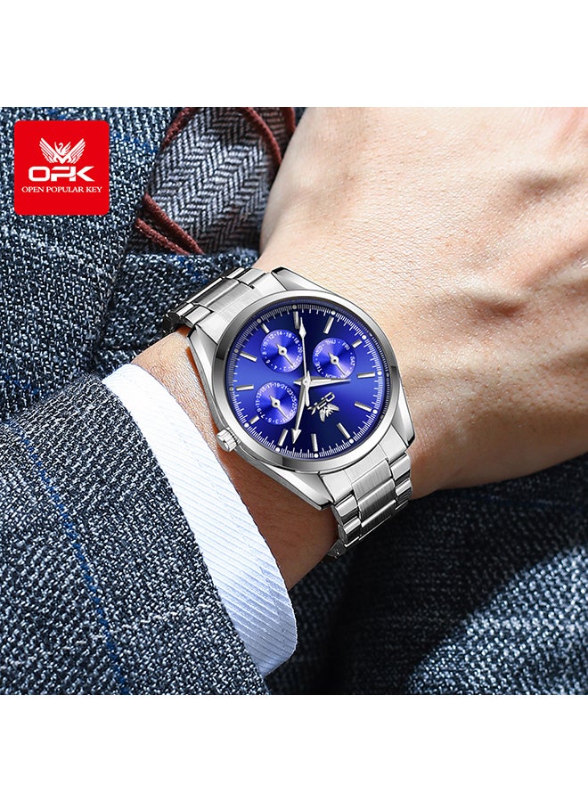 او بي كي ساعات OPK، ساعات رجالية أنيقة وعصرية، ساعات كوارتز مضيئة ومقاومة للماء، ساعات رجالية - سوار فولاذي 6024، أزرق فاتح - Image 1