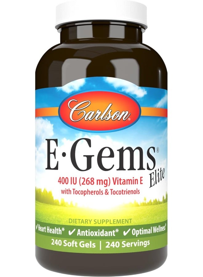 Carlson - E-Gems Elite, 400 IU Vitamin E with Tocopherols & Tocotrienols, Vitamin E Capsules, Heart Health & Optimal Wellness, Antioxidant, Vitamin E Supplement, 240 Softgels - Image 1