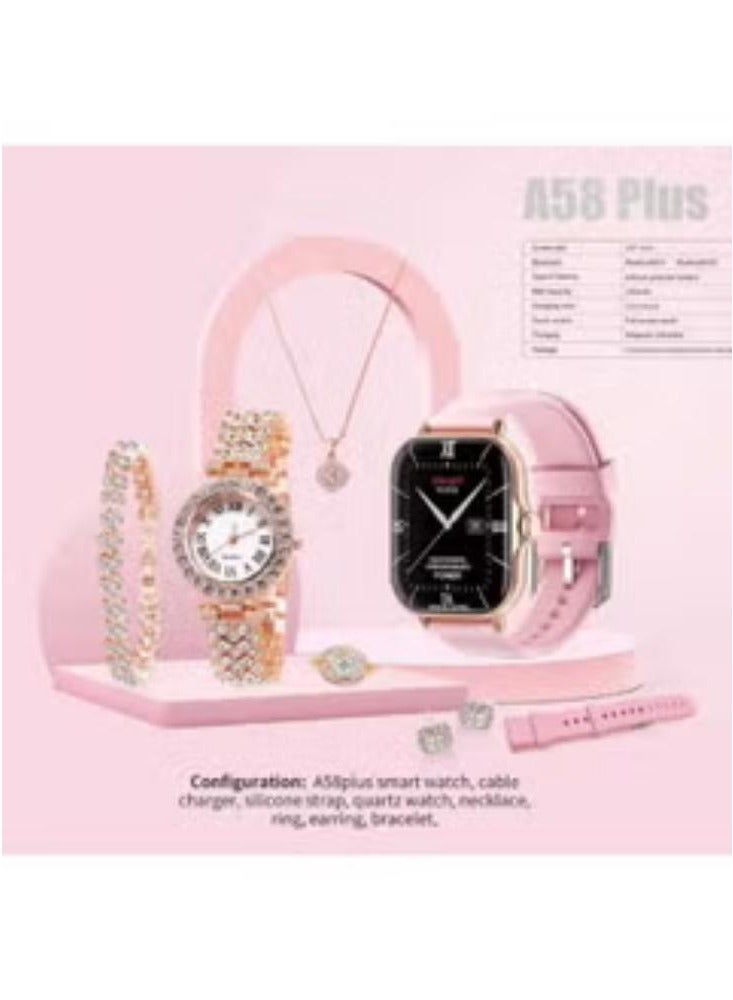 5IN1 Smart Watch A58 Series Supports Bluetooth Call Ultra Long Endurance Sleep Monitoring + Additional Women's Diamond Set Small Gold Watch Necklace Ring Earrings Bracelet Set Gift Box - Image 1