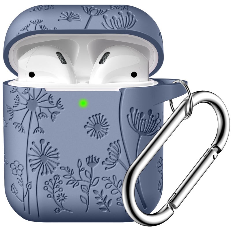 Lerobo Flower Engraved Case for AirPods Case Cover, Stylish Soft Silicone Protector with Keychain, Compatible with Apple AirPods 1st/2nd Generation Charging Case, Front LED Visible, Blue Gray - Image 1