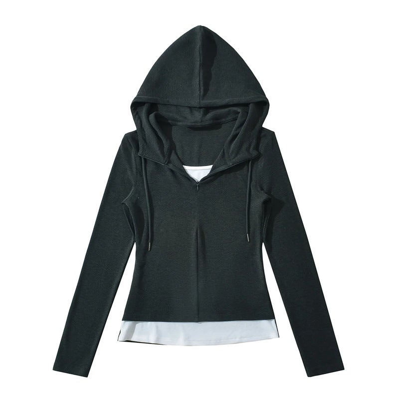 American Style Girl Fake Two-Piece Drawstring Hooded Long-Sleeved T-Shirt Design Sense High Elastic Slim Base Top - Image 1