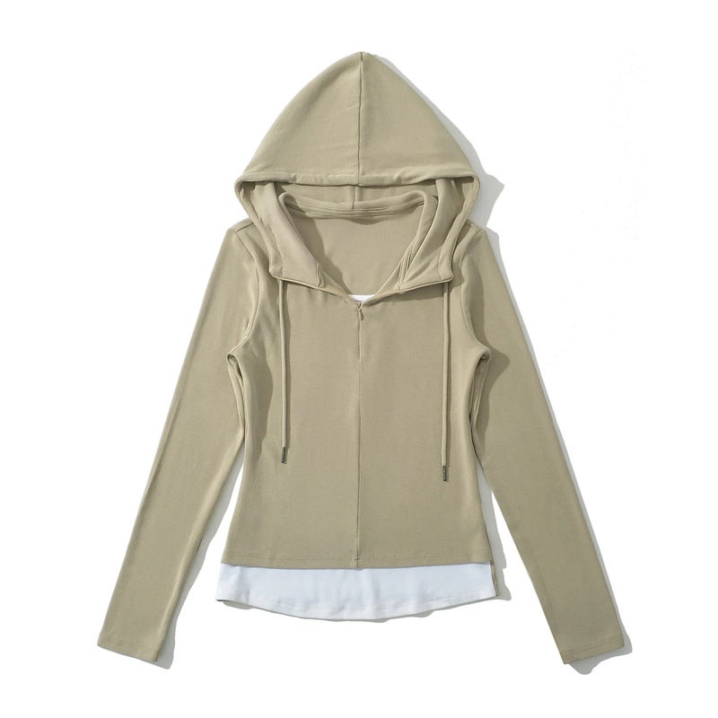 American Style Girl Fake Two-Piece Drawstring Hooded Long-Sleeved T-Shirt Design Sense High Elastic Slim Base Top - Image 3