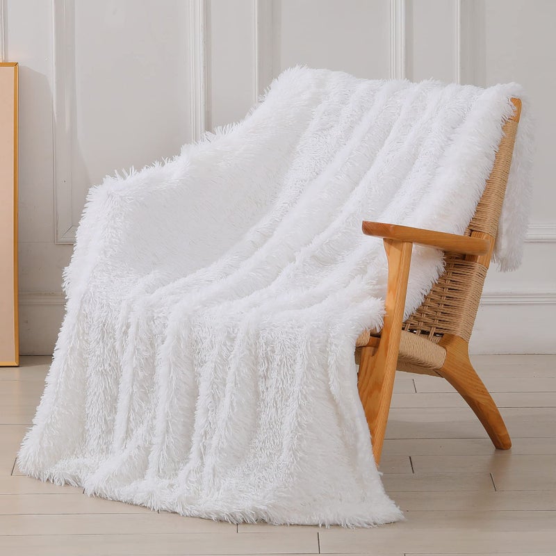 Tuddrom Decorative Extra Soft Faux Fur Throw Blanket 50" x 60",Solid Reversible Fuzzy Long Hair Shaggy Blanket,Fluffy Cozy Plush Fleece Comfy Microfiber Fur Blanket for Couch Sofa Bed,Pure White - Image 2