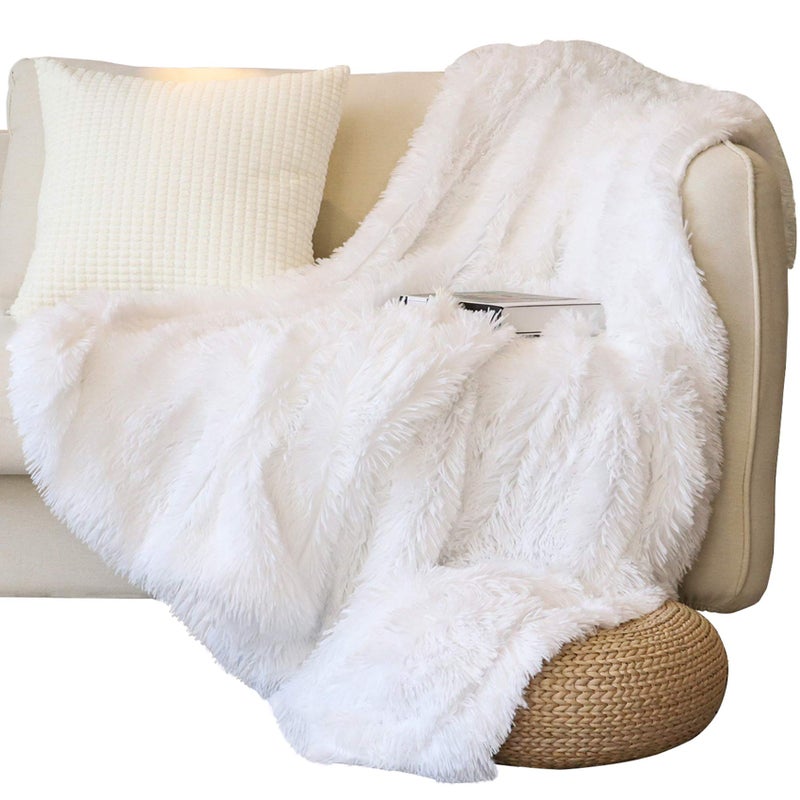 Tuddrom Decorative Extra Soft Faux Fur Throw Blanket 50" x 60",Solid Reversible Fuzzy Long Hair Shaggy Blanket,Fluffy Cozy Plush Fleece Comfy Microfiber Fur Blanket for Couch Sofa Bed,Pure White - Image 1