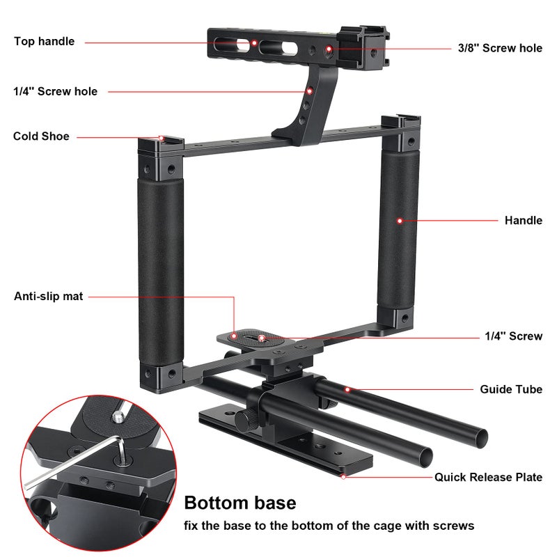 Fantaseal Universal Aluminum Alloy DSLR Mirrorless Camera Camcorder Stabilizer Extension Cage Mount for Mic Monitor Light, Movie Making Rig YouTube Tiktok Vlogging Video Kit w/Phone Holder for Canon Sony Nikon - Image 4