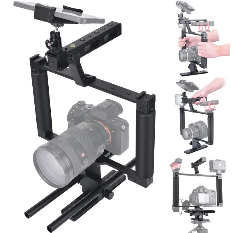 Fantaseal Universal Aluminum Alloy DSLR Mirrorless Camera Camcorder Stabilizer Extension Cage Mount for Mic Monitor Light, Movie Making Rig YouTube Tiktok Vlogging Video Kit w/Phone Holder for Canon Sony Nikon - Image 1