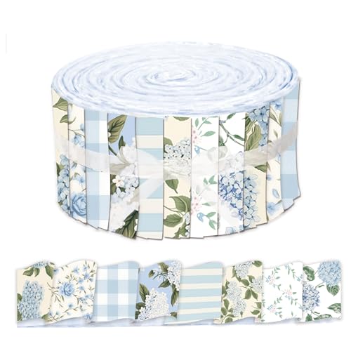 Whaline 40 Pcs Hydrangea Cotton Fabric Strips Spring Fabric Bundles Blue Flower Plaid Stripe Quilting Patchwork for DIY Sewing Craft Decor 26 x 394 Inch - Image 1