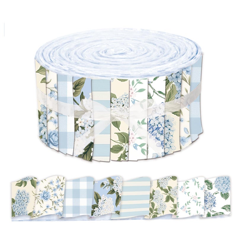 Whaline 40 Pcs Hydrangea Cotton Fabric Strips Spring Fabric Bundles Blue Flower Plaid Stripe Quilting Patchwork for DIY Sewing Craft Decor 26 x 394 Inch - Image 2