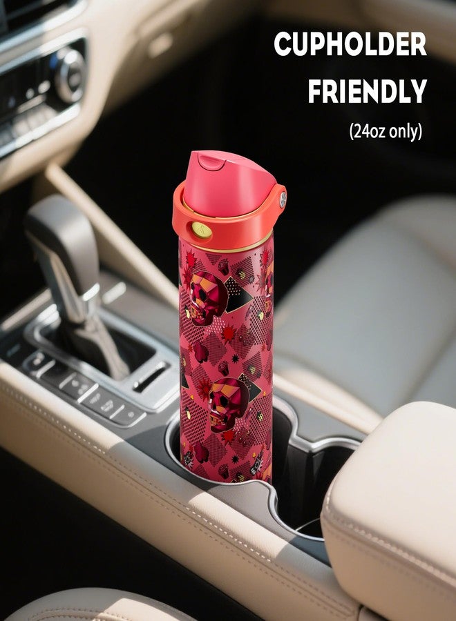 POWCAN 24 oz Insulated Skull Water Bottle: 2-in-1 Lid with Push-Button Spout & Quick-Flip Straw, Leakproof, Car Cupholder Friendly, Stainless Steel for Gym, Travel, Camping (Candy Vandal) - Image 5
