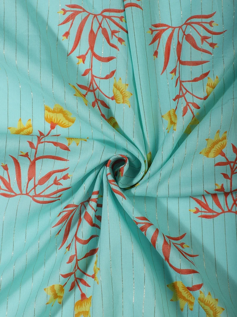 أيه كيه إس Turquoise Floral Print Fabric One Meter