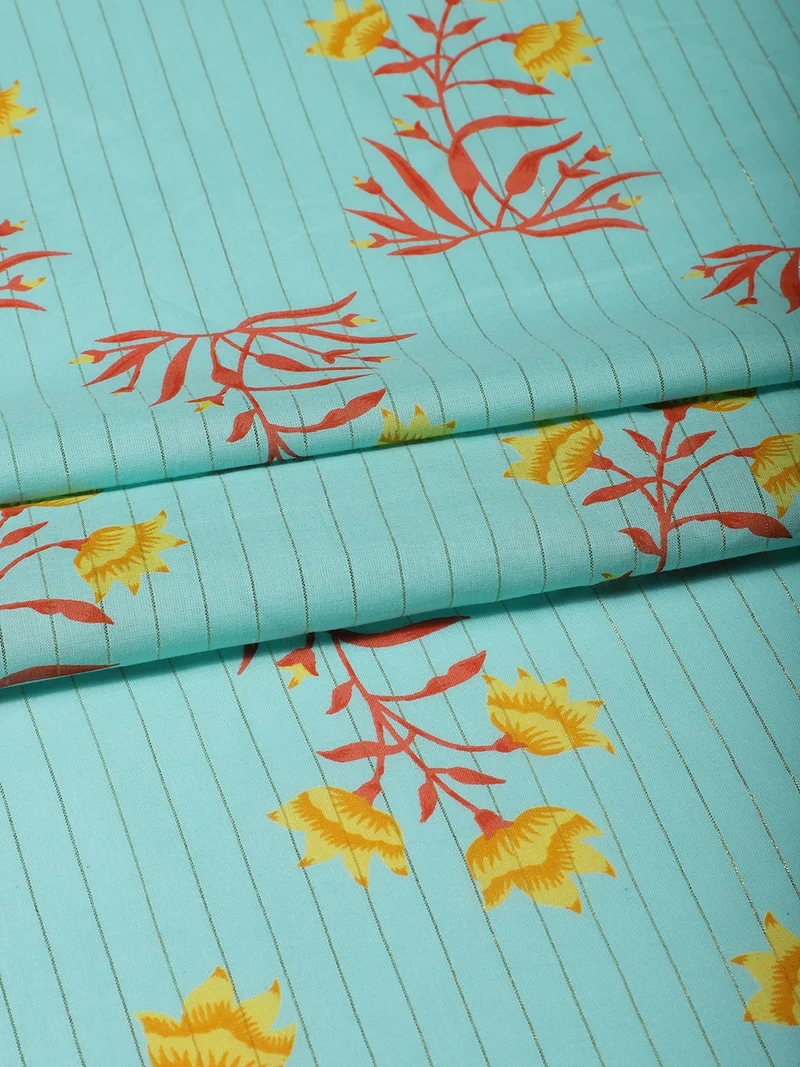 أيه كيه إس Turquoise Floral Print Fabric One Meter
