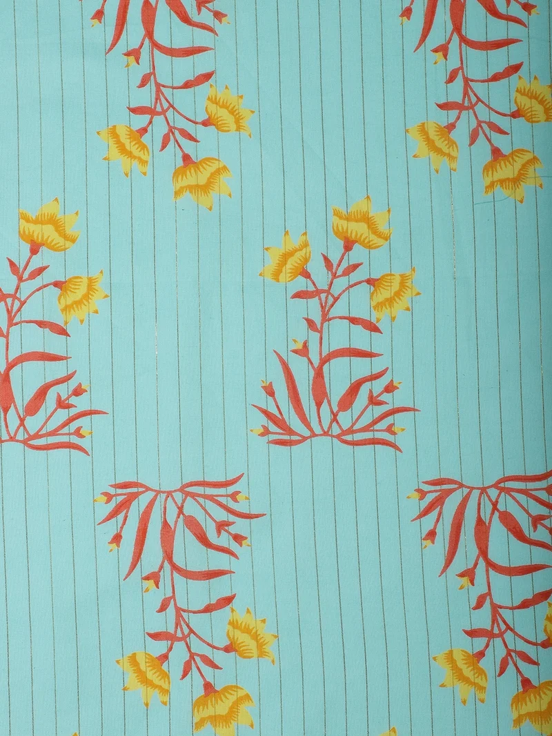 AKS  Turquoise Floral Print Fabric One Meter  | Best Price UAE