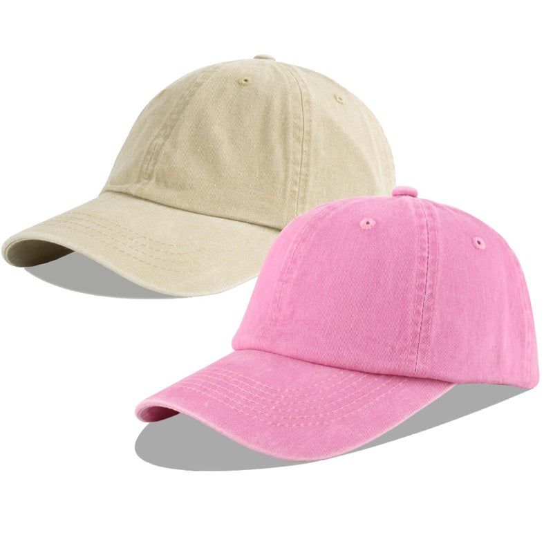 LANGZHEN Unisex Baseball Cap 100% Cotton Fits Men Women Washed Denim Adjustable Dad Hat, Khaki+pink, L