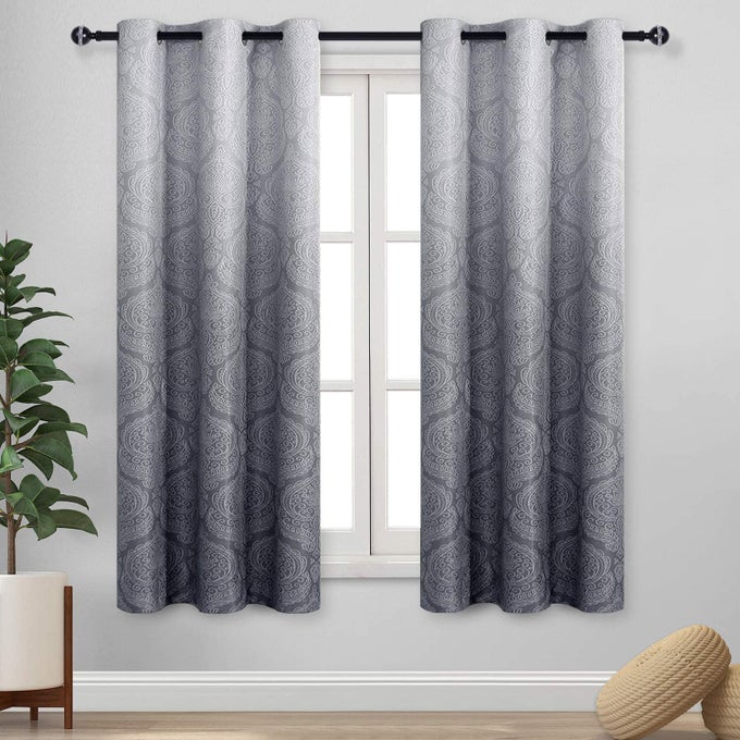OMBRE BLACKOUT CURTAINS FOR BEDROOM DAMASK PATTERNED THERMAL INSULATED ENERGY SAVING GROMMET CURTAINS FOR LIVING ROOM SET OF 2 GRADIENT WINDOW CURTAIN PANELS 42 X 63 INCH LENGTH GREY