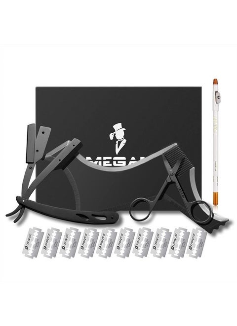 Beard Shaping Tool,5 Piece Set Beard Shaper - Include Professional Straight Edge Razor,Beard Template,10 Count of Double Edge Blades,Barber Pencil and Stainless Steel Scissors.