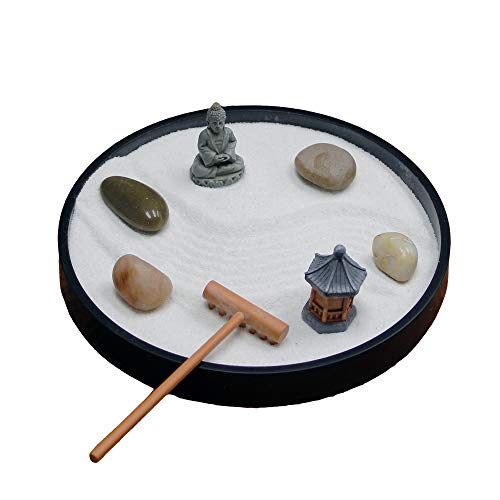 Nature's Mark Mini Zen Garden Kit for Desk with Rake, White Sand, Black Round Base, Miniature Pagoda Figure, River Rocks and Miniature Buddha Figure (6Lx6W Round B) - Image 1