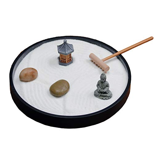 Nature's Mark Mini Zen Garden Kit for Desk with Rake, White Sand, Black Round Base, Miniature Pagoda Figure, River Rocks and Miniature Buddha Figure (6Lx6W Round B) - Image 2