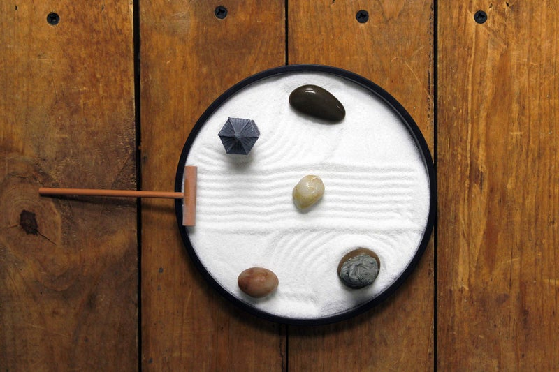 Nature's Mark Mini Zen Garden Kit for Desk with Rake, White Sand, Black Round Base, Miniature Pagoda Figure, River Rocks and Miniature Buddha Figure (6Lx6W Round B) - Image 4