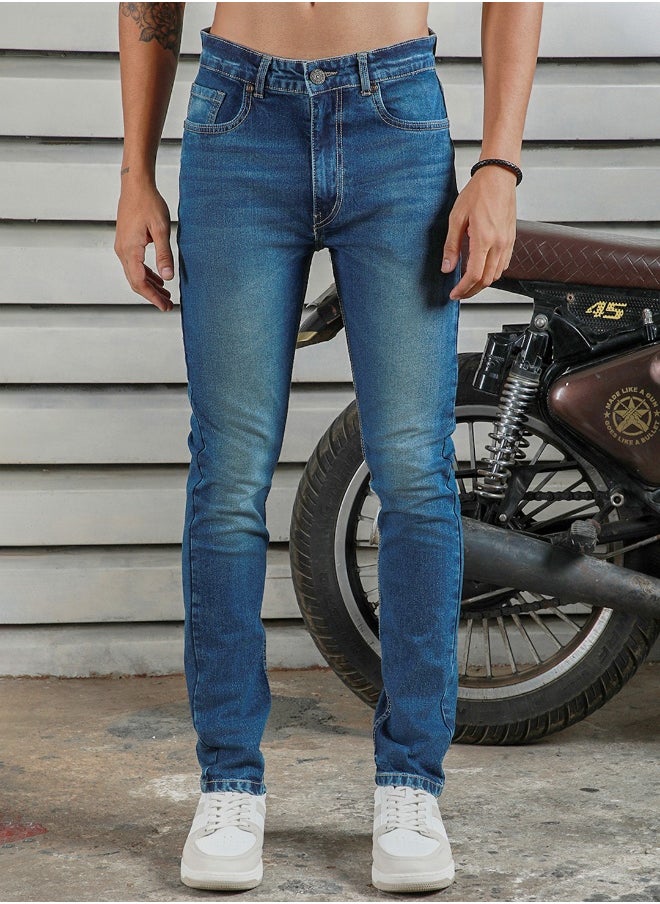 HIGH STAR Men's Indigo 100% Cotton Bleached Full Length Tapered Fit Jeans  - Image 1
