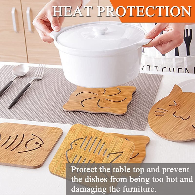 YOMITH Wooden Trivet Mat Heat Resistant Wooden Pads Placemat for Hot DishesPotBowlTeapot Bamboo Thickened AntiScalding Coster Mat for Kitchen Dinning Table Random Pack of 6 - Image 3