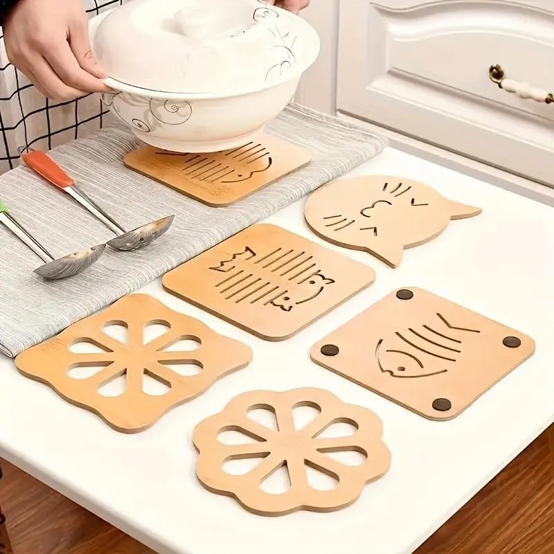 YOMITH Wooden Trivet Mat Heat Resistant Wooden Pads Placemat for Hot DishesPotBowlTeapot Bamboo Thickened AntiScalding Coster Mat for Kitchen Dinning Table Random Pack of 6 - Image 1