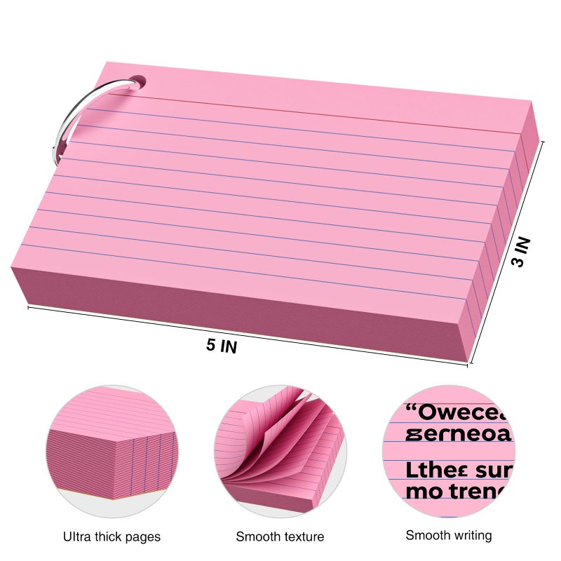 AILZFEI 250 Count Pink Index Cards 3x5 Inch with Key Ring, Color Flash Index Card (50 Sheets Each), Durable & Portable Note Taking for Students, Teachers, Study Note Cards for Office Home School - Image 2
