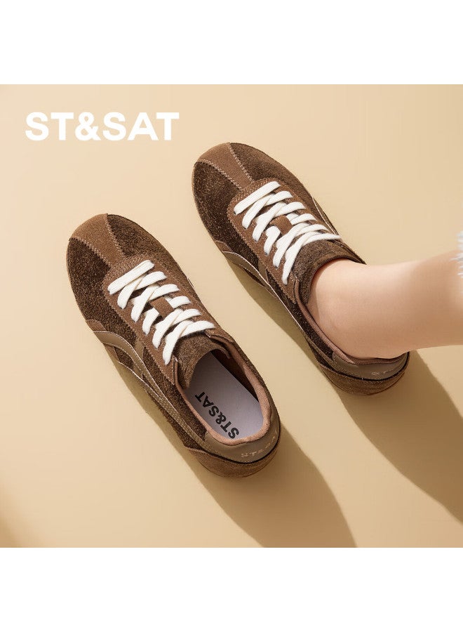 Saay Women's Genuine Leather German Training Shoes  New Spring Retro Flat Agan Casual Shoes Versatile Lightweight Soft Sole Sneakers
