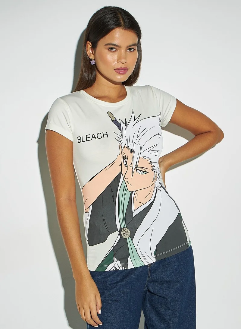 SP Characters Bleach Print Round Neck T-shirt with Cap Sleeves