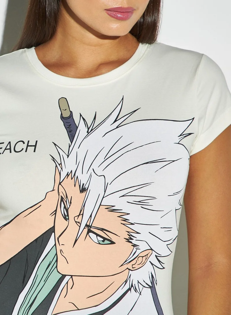 SP Characters Bleach Print Round Neck T-shirt with Cap Sleeves
