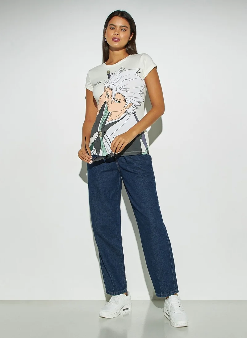 SP Characters Bleach Print Round Neck T-shirt with Cap Sleeves