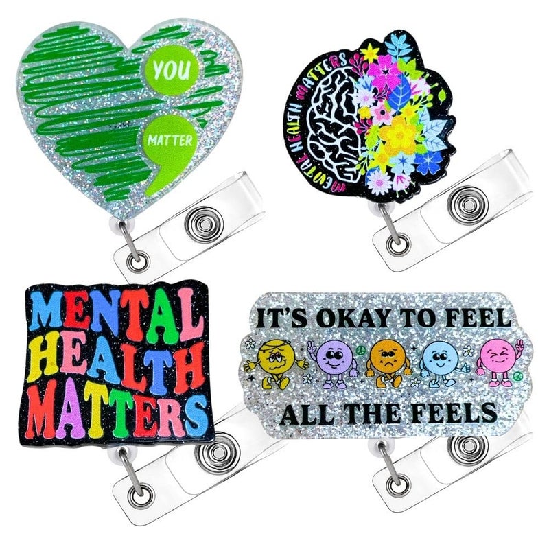 YJ PREMIUMS 4PC Mental Health Matters Badge Reel Awareness Social Work Worker Medical Nurse Badges Clip Holder Retractable Funny Cute Itâ€™s Okay to Feel All Feels You Matter Green Heart Neuro Gifts Accessories - Image 1