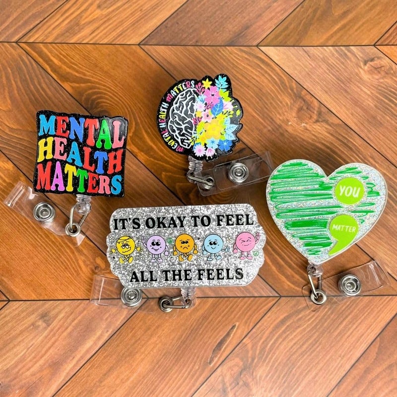 YJ PREMIUMS 4PC Mental Health Matters Badge Reel Awareness Social Work Worker Medical Nurse Badges Clip Holder Retractable Funny Cute Itâ€™s Okay to Feel All Feels You Matter Green Heart Neuro Gifts Accessories - Image 5