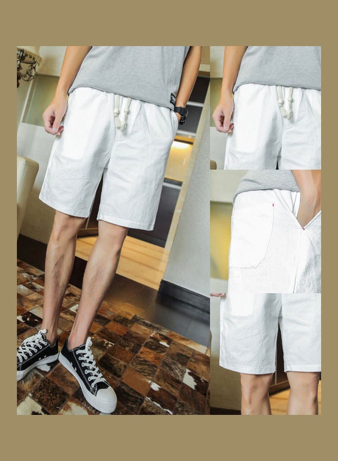 NIBEMINENT Solid Colour Linen Shorts Summer Men Beach Surfing Sports Drawstring Fifth Pants White  - Image 2
