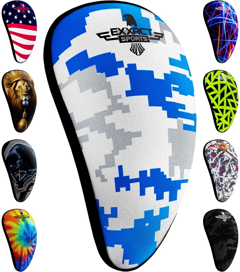 Exxact Sports Lightweight Athletic Cup Mens & Boys with Soft Rim Comfort for Superior Support, Baseball Cup Youth Boys for T-Ball, Football, Lacrosse, Hockey Groin Protector (Large, White/Blue Camo) - Image 1