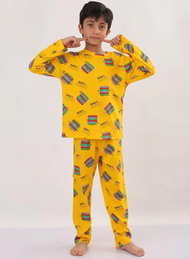 Anthrilo Anthrilo Boys Yellow All-Over Print Long Sleeve T-Shirt and Pyjama Set