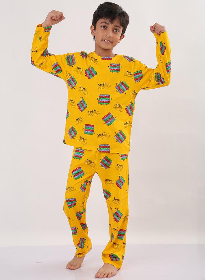 Anthrilo Boys Yellow All-Over Print Long Sleeve T-Shirt and Pyjama Set - Image 1
