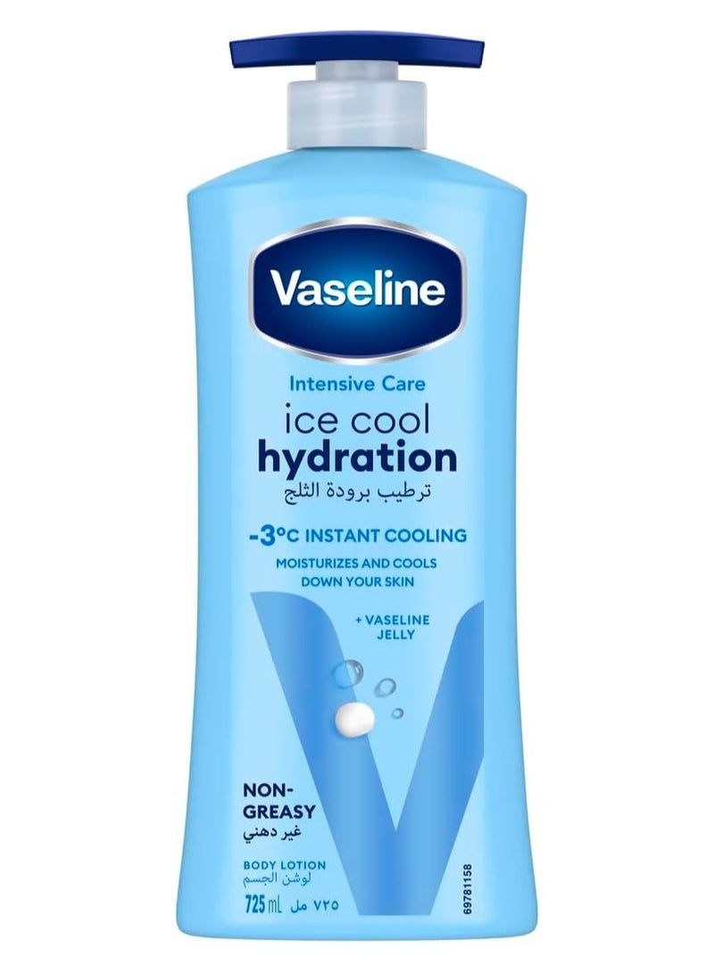 Vaseline Ice Cool Moisturizing Lotion 725ml, Vaseline Ice Cool Moisturizing Body Lotion instantly moisturizes your skin and cools it by up to 5 degrees. Enriched with Vaseline Jelly and Hyaluronic Acid, this body lotion moisturizes and cools your skin It contains vitamin E and vitamin C to nourish the skin and keep it fresh and radiant This lotion is specially made for hot and humid weather, as it protects the skin from heat and dryness A light, non-sticky body lotion that absorbs quickly, making it suitable for the summer Available in lotion and gel-cream form