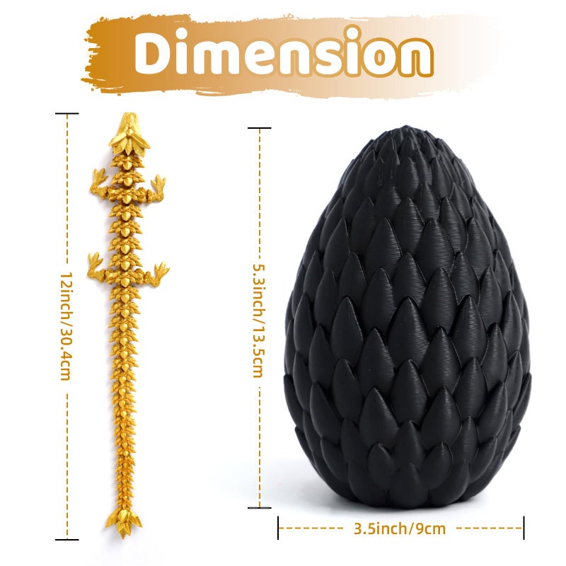 Flavery 3D Printed Dragon Egg - Black Egg with 12â€ Gold Dragon - Large Fidget Toy, Flexible Articulated Crystal Dragon Inside,Figurine Decor, Executive Desk Toy, Dinosaur Toys for Kids 8-12 Gift - Image 5