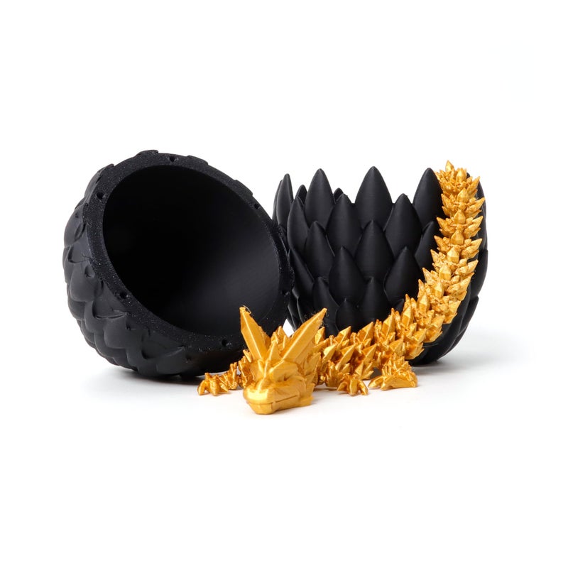 Flavery 3D Printed Dragon Egg - Black Egg with 12â€ Gold Dragon - Large Fidget Toy, Flexible Articulated Crystal Dragon Inside,Figurine Decor, Executive Desk Toy, Dinosaur Toys for Kids 8-12 Gift - Image 2