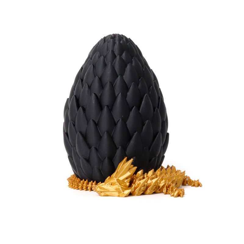 Flavery 3D Printed Dragon Egg - Black Egg with 12â€ Gold Dragon - Large Fidget Toy, Flexible Articulated Crystal Dragon Inside,Figurine Decor, Executive Desk Toy, Dinosaur Toys for Kids 8-12 Gift - Image 1