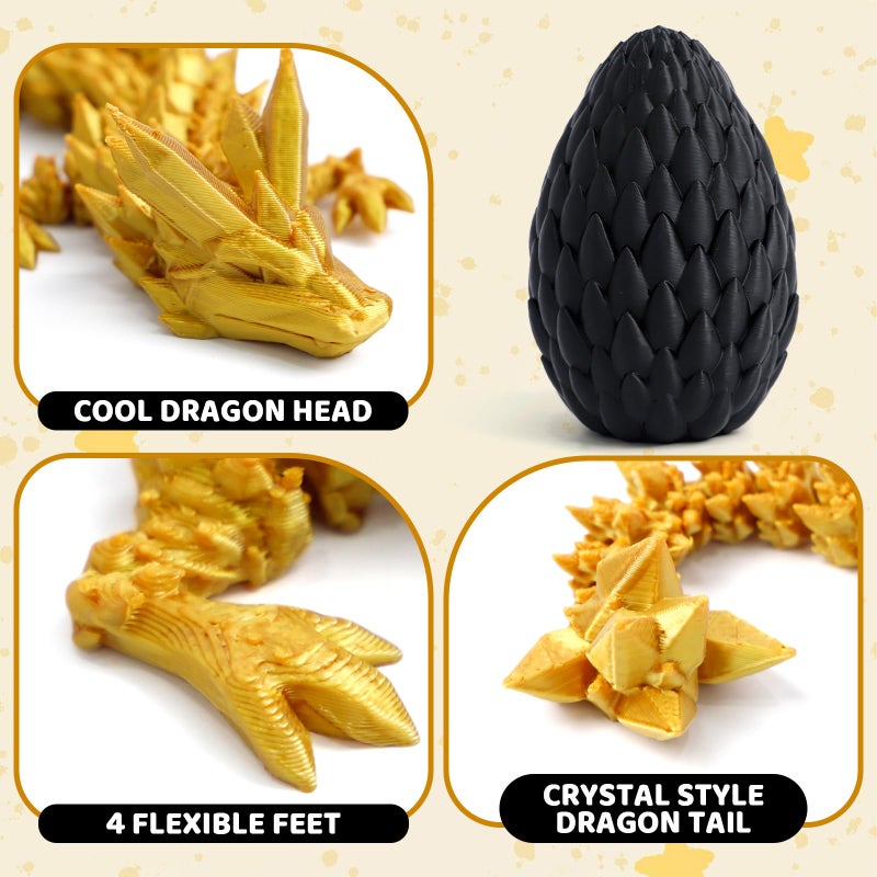 Flavery 3D Printed Dragon Egg - Black Egg with 12â€ Gold Dragon - Large Fidget Toy, Flexible Articulated Crystal Dragon Inside,Figurine Decor, Executive Desk Toy, Dinosaur Toys for Kids 8-12 Gift - Image 4
