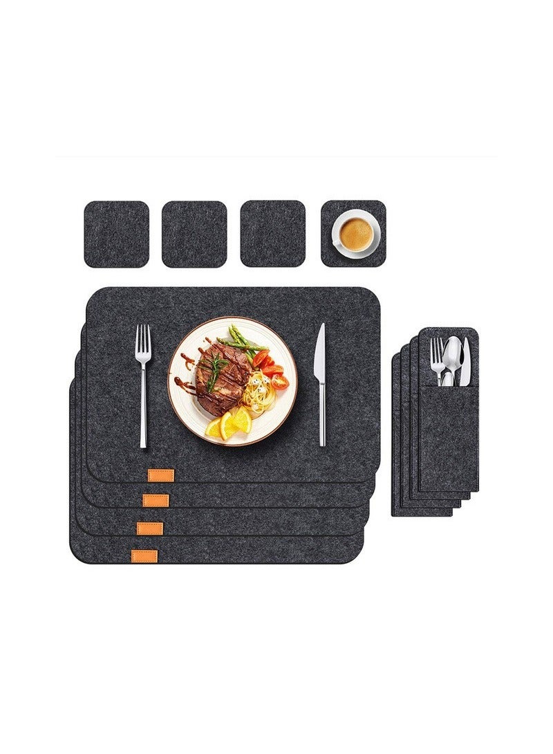 Felt Placemats Coasters Cutlery Set, Heat-Resistant Non-Slip Table Place Mats for Home and Restaurant Washable Table Mats Set with 4 Placemats, 4 Coasters, and 4 Cutlery Bags(Deep Grey) - Image 1