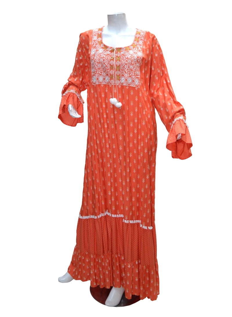 زينة فستان ماكسي نسائي مطبوع بأسلوب بوهيمي - قماش فيسكوز وريون ناعم - تطريز أنيق عند الصدر وجلابية بأكمام طويلة